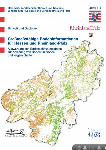 Das Bild zeigt das Deckblatt der Broschüre "Großmaßstäbige Bodeninformationen für Hessen und Rheinland-Pfalz - Auswertung von Bodenschätzungsdaten zur Ableitung von Bodenfunktionen und –eigenschaften"